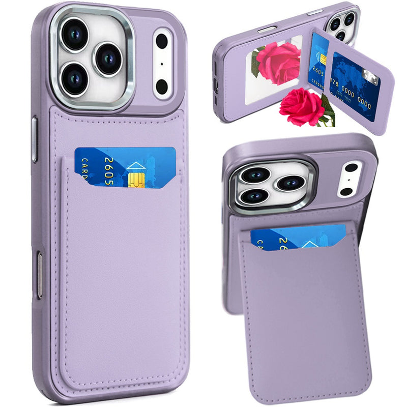 iPhone 17 Pro Card Holder with Mirror Inside PU Leather Hybrid Case - Light Purple