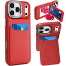 For iPhone 17 Pro Card Holder with Mirror Inside PU Leather Hybrid Case - Red