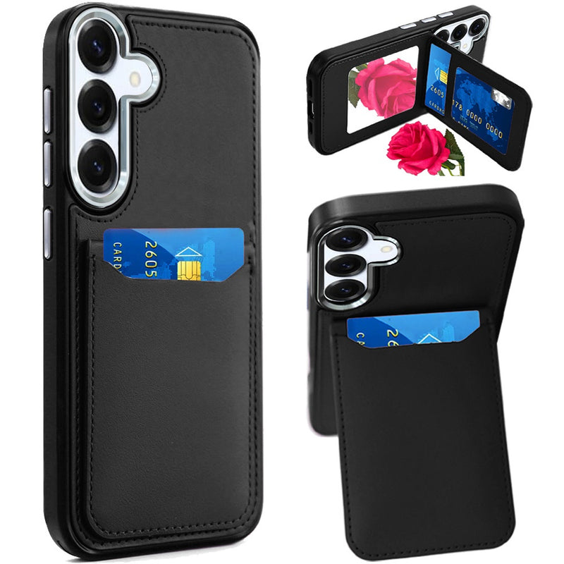 Samsung A16 5G Card Holder with Mirror Inside PU Leather Hybrid Case - Black