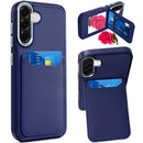 For Samsung Galaxy A37 Card Holder with Mirror Inside PU Leather Hybrid Case - Dark Blue