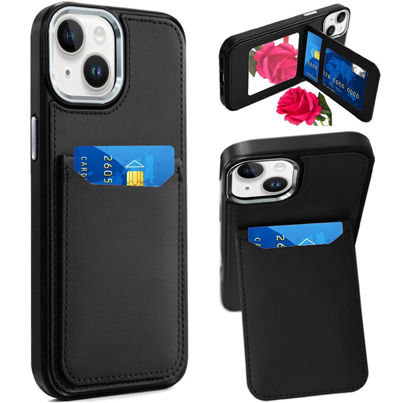 iPhone 14 PLUS Card Holder with Mirror Inside PU Leather Hybrid Case - Black