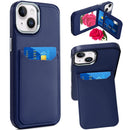 iPhone 14 PLUS Card Holder with Mirror Inside PU Leather Hybrid Case - Dark Blue