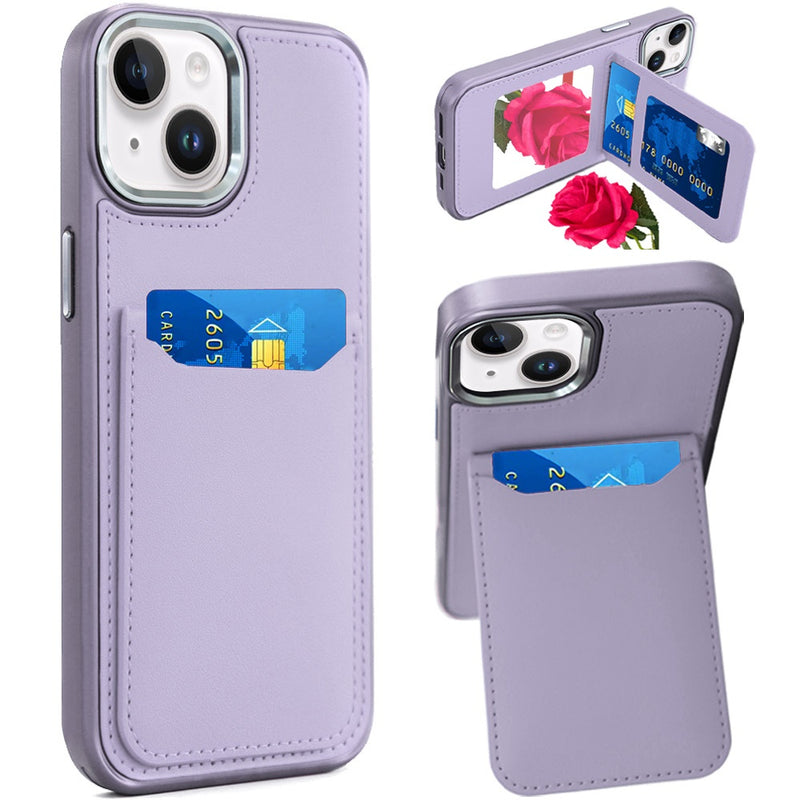 iPhone 14 PLUS Card Holder with Mirror Inside PU Leather Hybrid Case - Light Purple