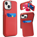 iPhone 14 PLUS Card Holder with Mirror Inside PU Leather Hybrid Case - Red