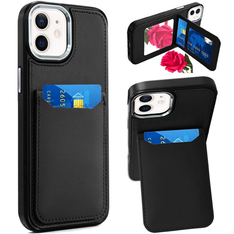 iPhone 12 6.1 & iPhone 12 Pro 6.1 Card Holder with Mirror Inside PU Leather Hybrid Case - Black