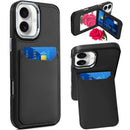 iPhone 16 6.1 inch Card Holder with Mirror Inside PU Leather Hybrid Case - Black