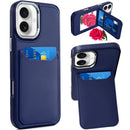 iPhone 16 6.1 inch Card Holder with Mirror Inside PU Leather Hybrid Case - Dark Blue