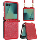 For Samsung Z Flip 7 Embossed Floral Design Case Cover with Strap - Red
