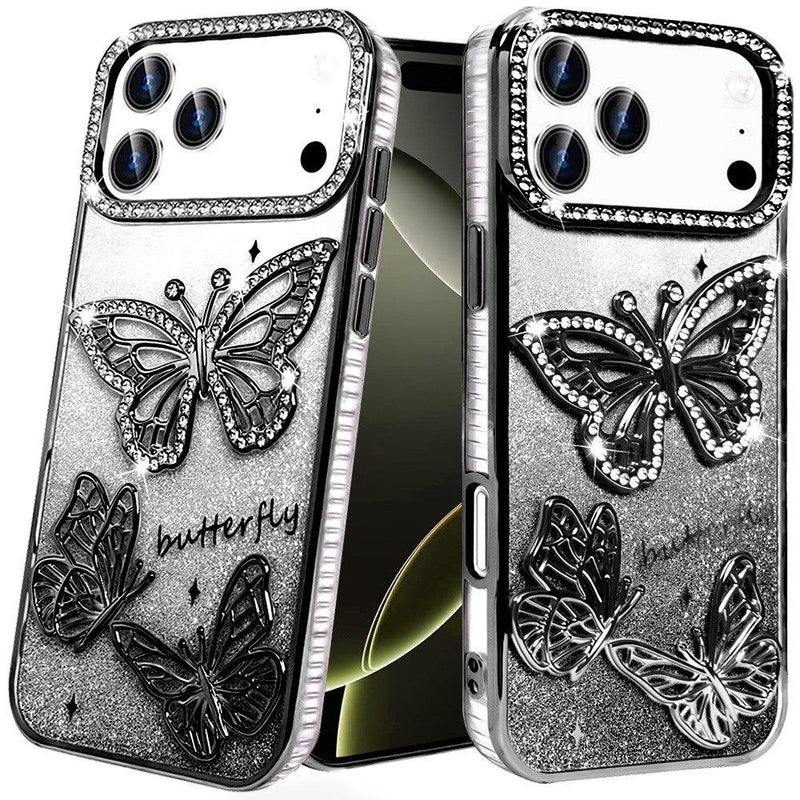 iPhone 17 Pro Max Butterfly Freedom Shimmer Glitter Thick TPU Case Cover - Black