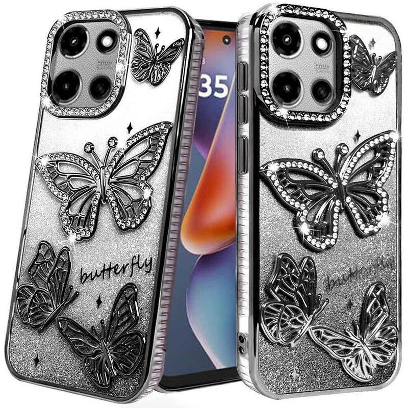 Motorola Moto G 5G 2025 Butterfly Freedom Shimmer Glitter Thick TPU Case Cover - Black