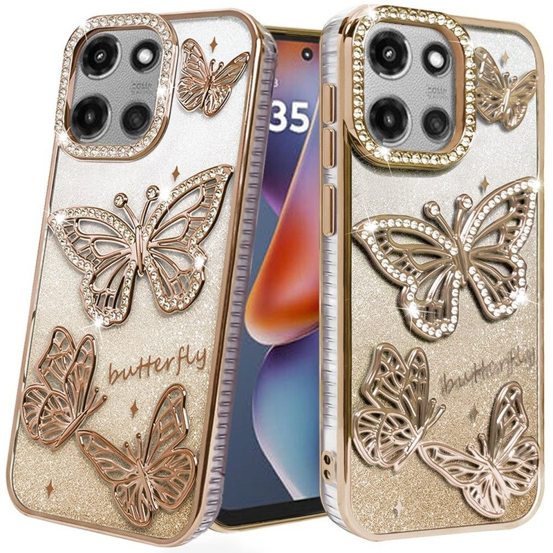 Motorola Moto G 5G 2025 Butterfly Freedom Shimmer Glitter Thick TPU Case Cover - Gold