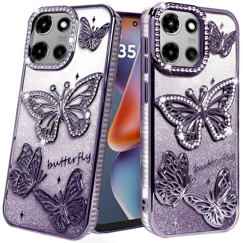 Motorola Moto G 5G 2025 Butterfly Freedom Shimmer Glitter Thick TPU Case Cover - Purple