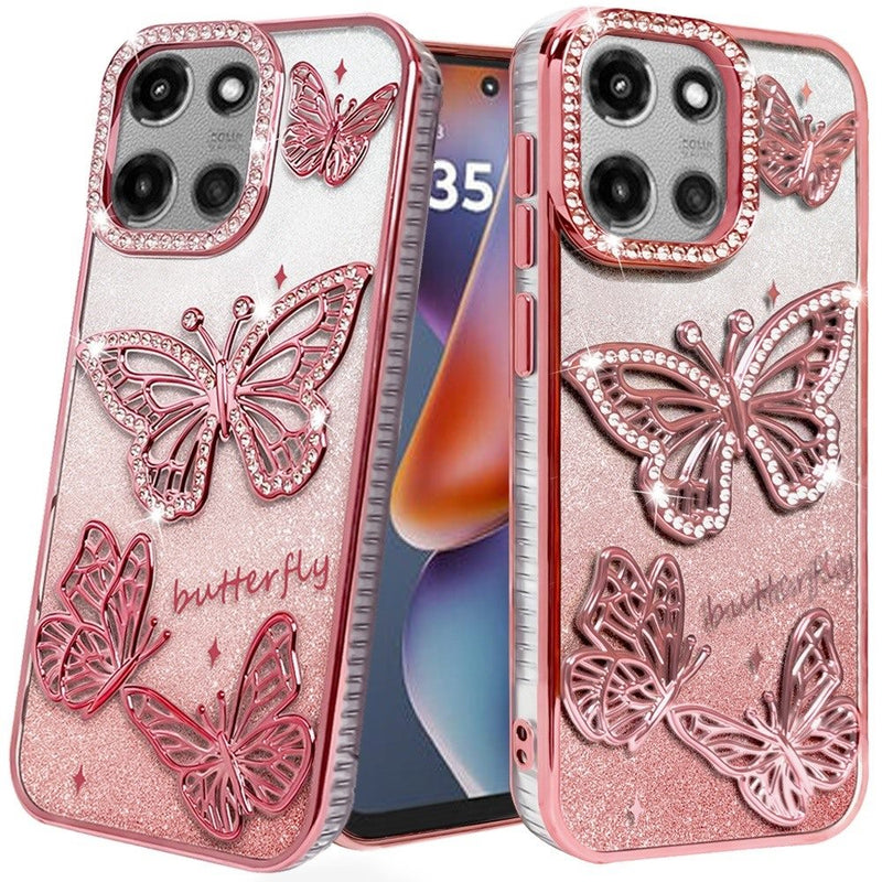 Motorola Moto G 5G 2025 Butterfly Freedom Shimmer Glitter Thick TPU Case Cover - Rose Gold