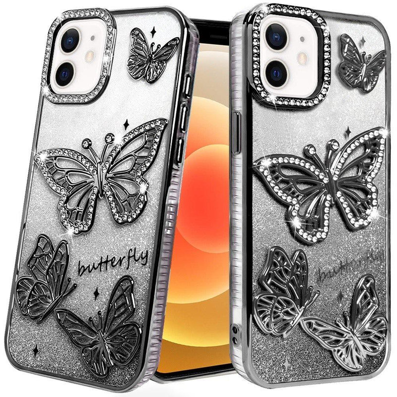 iPhone 12 6.1 & iPhone 12 Pro 6.1 Butterfly Freedom Shimmer Glitter Thick TPU Case Cover - Black