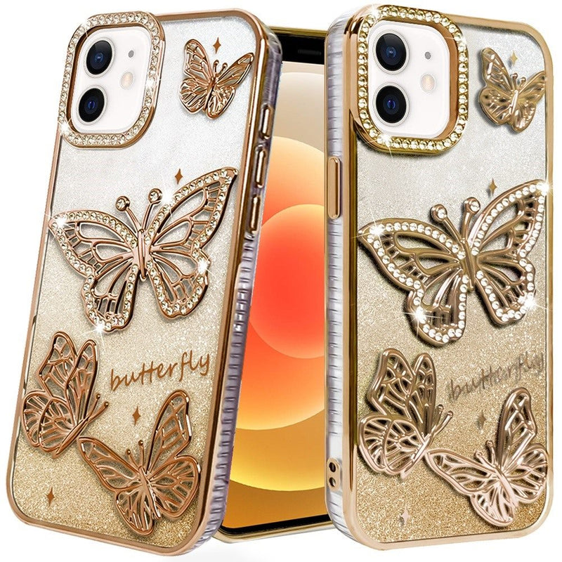 iPhone 12 6.1 & iPhone 12 Pro 6.1 Butterfly Freedom Shimmer Glitter Thick TPU Case Cover - Gold