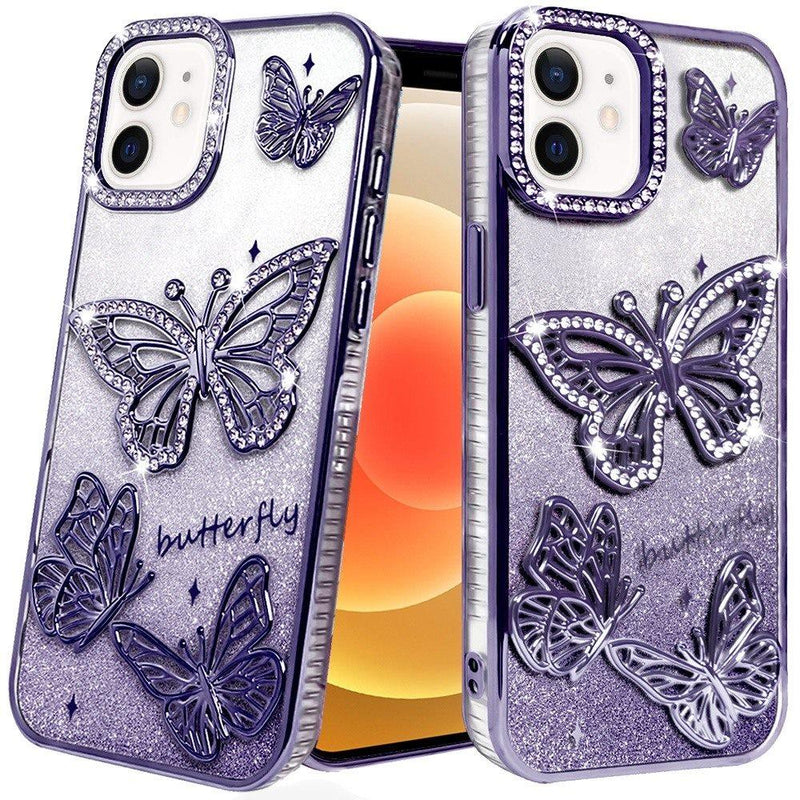 iPhone 12 6.1 & iPhone 12 Pro 6.1 Butterfly Freedom Shimmer Glitter Thick TPU Case Cover - Purple