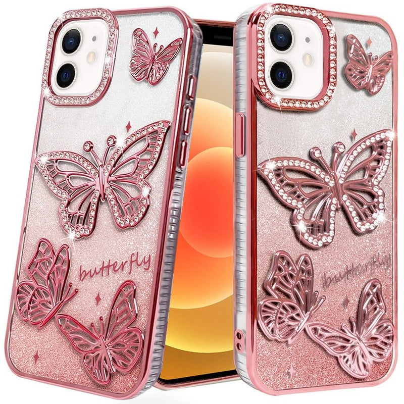 iPhone 12 6.1 & iPhone 12 Pro 6.1 Butterfly Freedom Shimmer Glitter Thick TPU Case Cover - Rose Gold