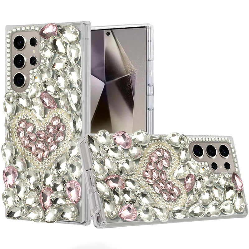 Samsung s25 Ultra 5G Full Diamond with Ornaments Hard TPU Case Cover - Hearty Pink Pearl Heart