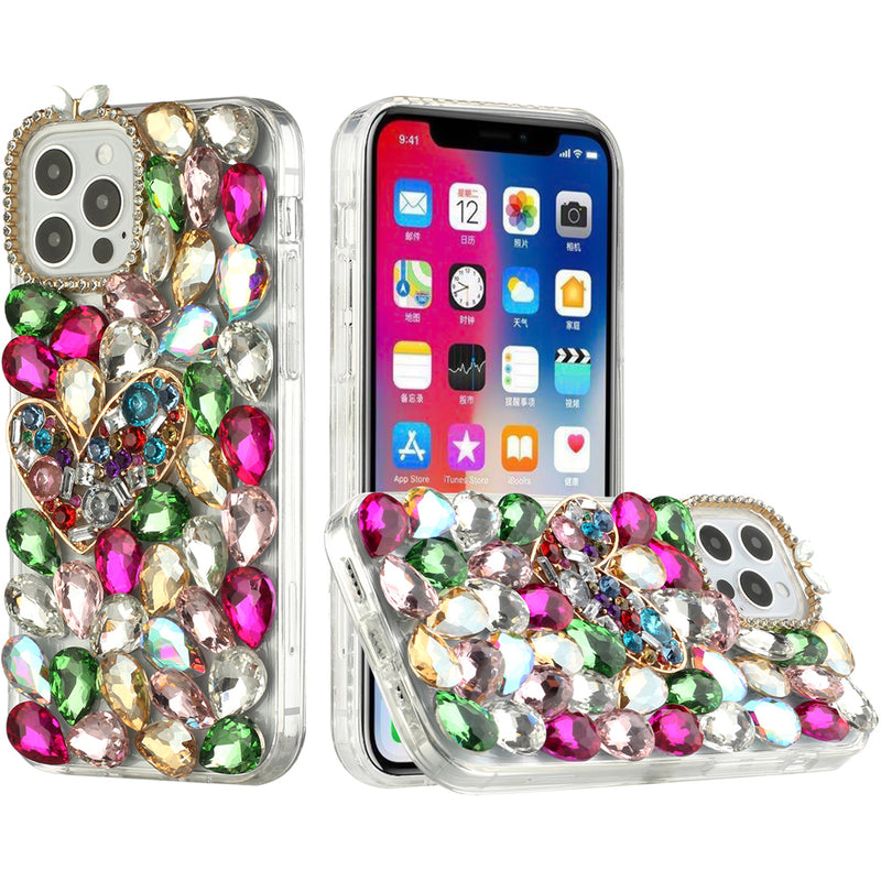 iPhone 15 Plus Full Diamond with Ornaments Hard TPU Case Cover - Colorful Ornaments with Heart