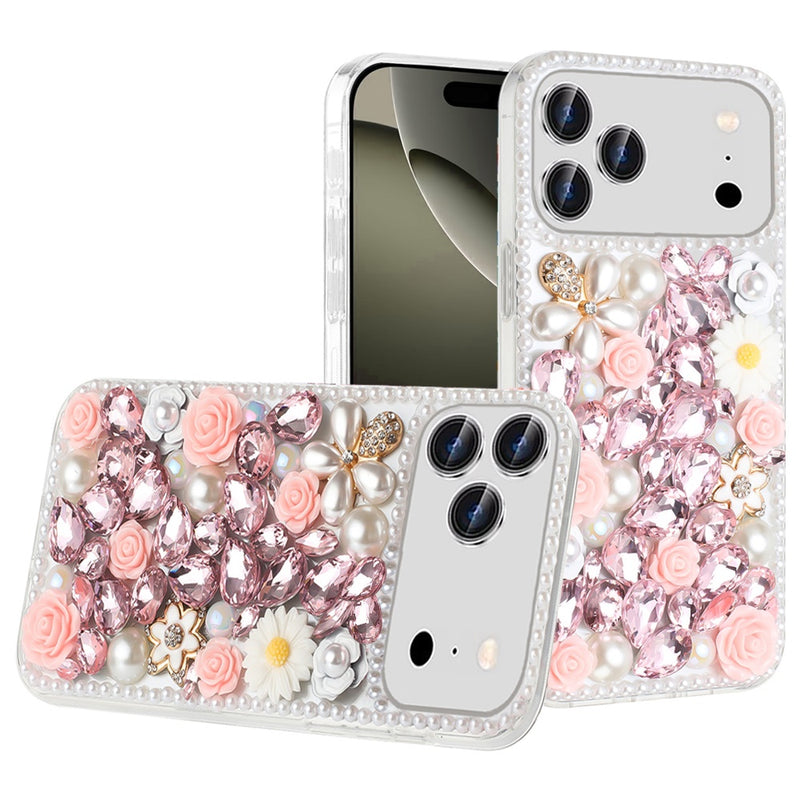 iPhone 17 Pro Rose Flower Full Diamond Bling Stones - Pink