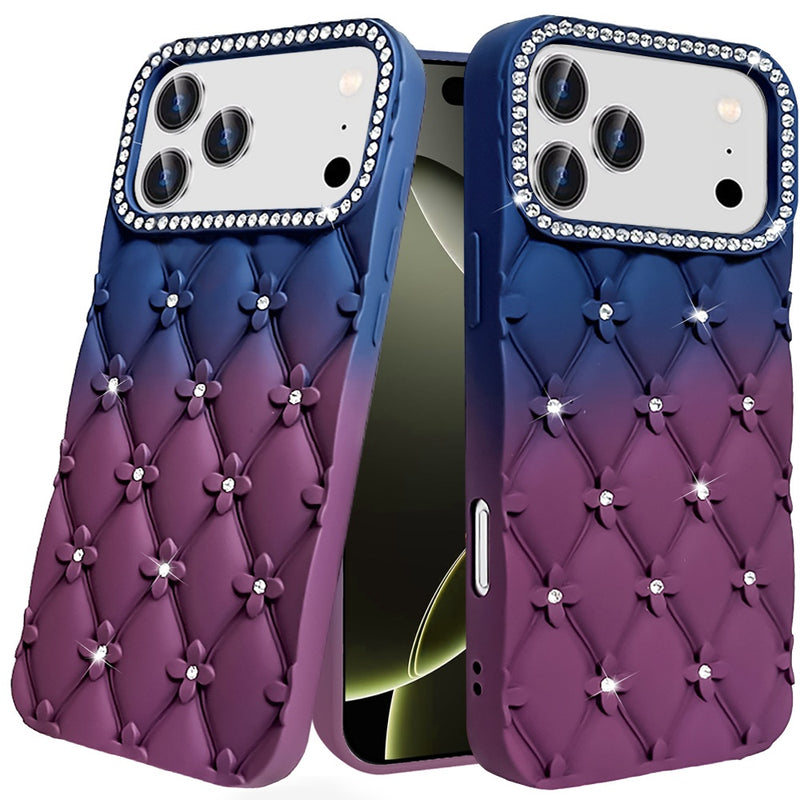 iPhone 17 Pro Floral Joy Glitter Shimmer Leather Feel Thick TPU Case - Dark Blue/Burgundy