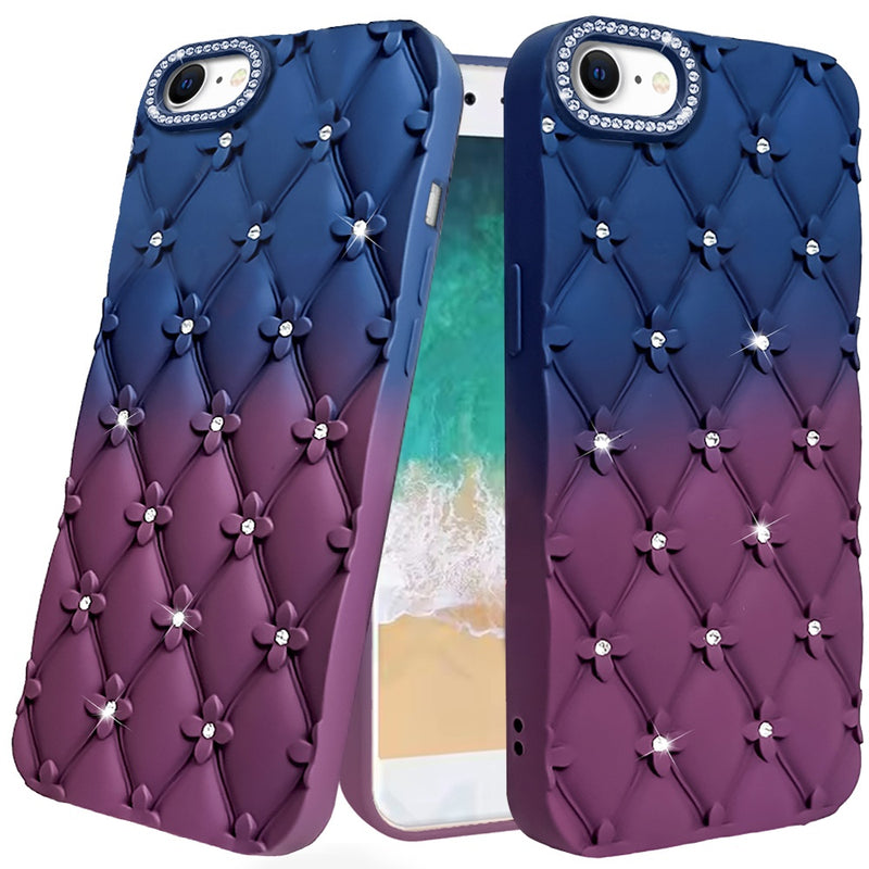 iPhone 16E / SE4 Floral Joy Glitter Shimmer Leather Feel Thick TPU Case - Dark Blue/Burgundy