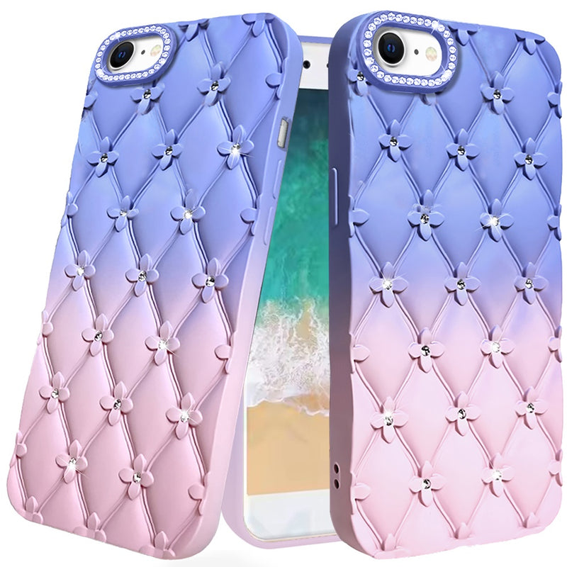 iPhone 16E / SE4 Floral Joy Glitter Shimmer Leather Feel Thick TPU Case - Light Blue/Light Pink