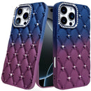 iPhone 16 6.1 inch Floral Joy Glitter Shimmer Leather Feel Thick TPU Case - Dark Blue/Burgundy