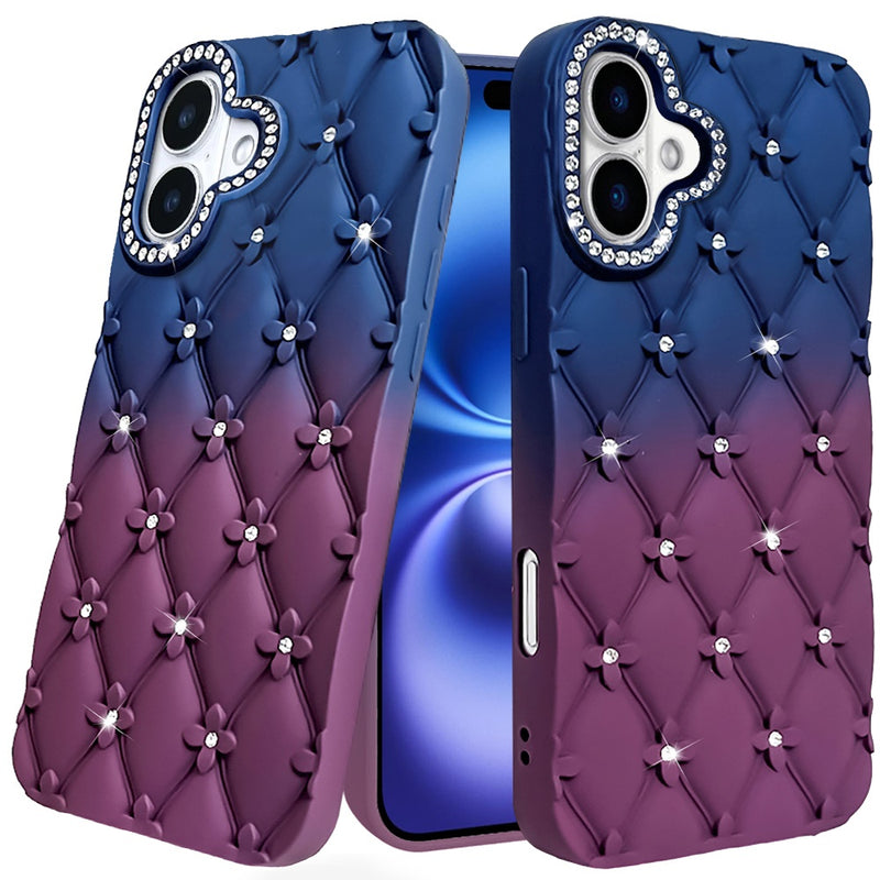 iPhone 17 Floral Joy Glitter Shimmer Leather Feel Thick TPU Case - Dark Blue/Burgundy