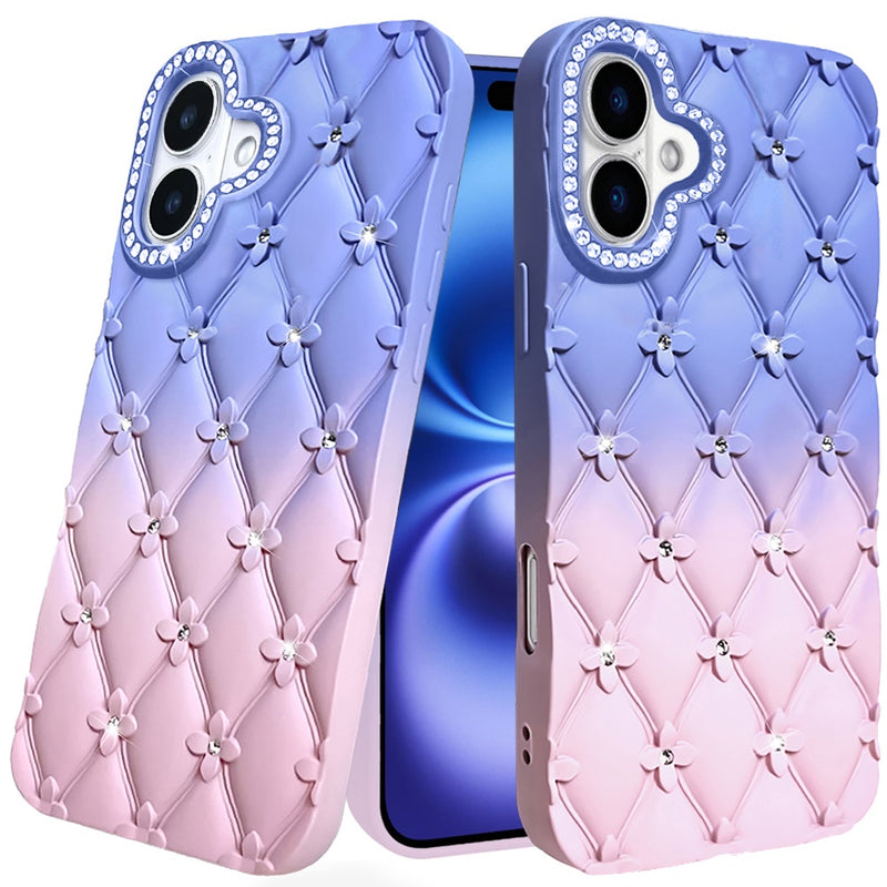 iPhone 17 Floral Joy Glitter Shimmer Leather Feel Thick TPU Case - Light Blue/Light Pink