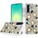 For Samsung Galaxy A27 Luxury Crystal Heart Rhinestones Diamond Bling Hybrid Case - Black