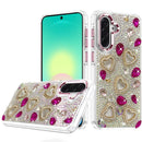 For Samsung Galaxy A27 Luxury Crystal Heart Rhinestones Diamond Bling Hybrid Case - Hot Pink