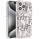 For iP15 Pro Max Lavished Floral Butterfly Bling Stones Hybrid Case - Silver