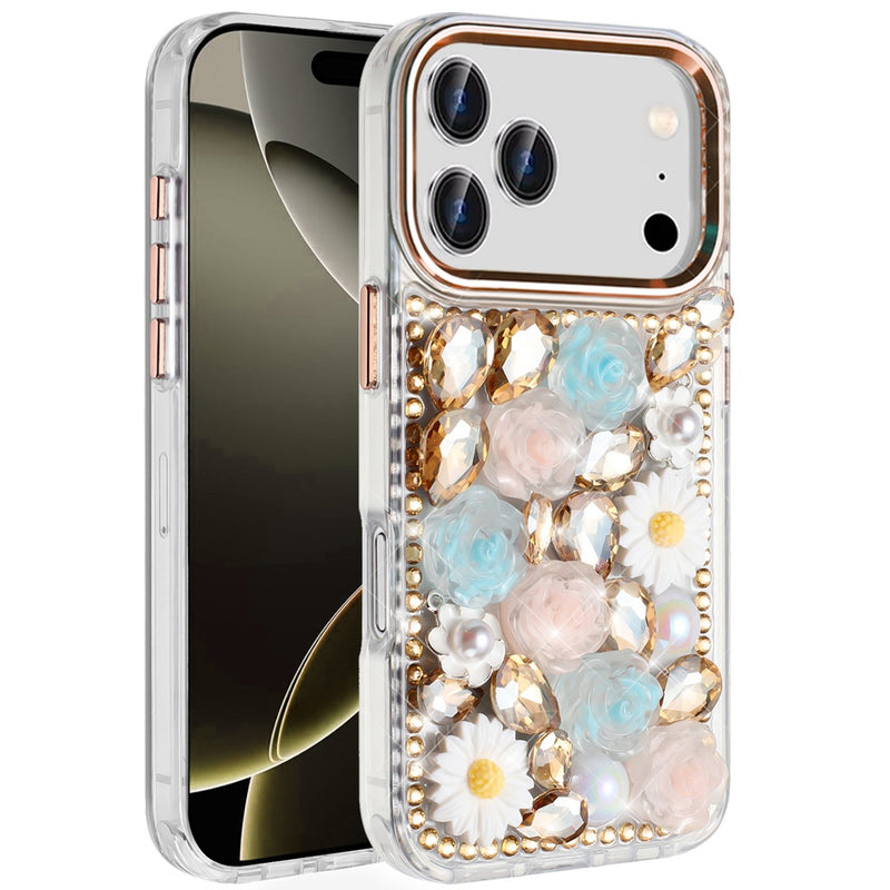iPhone 17 Pro Max Spectacular Full Bling Stones Glitter HQ Hybrid Floral Series - Gold