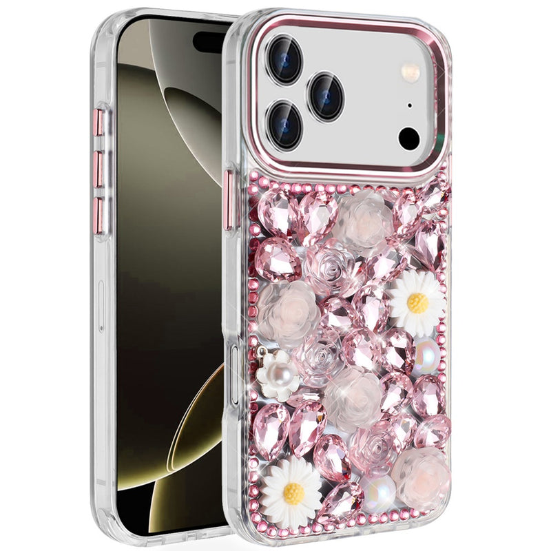 iPhone 17 Pro Max Spectacular Full Bling Stones Glitter HQ Hybrid Floral Series - Pink
