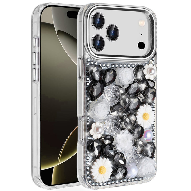 iPhone 17 Pro Spectacular Full Bling Stones Glitter HQ Hybrid Floral Series - Black
