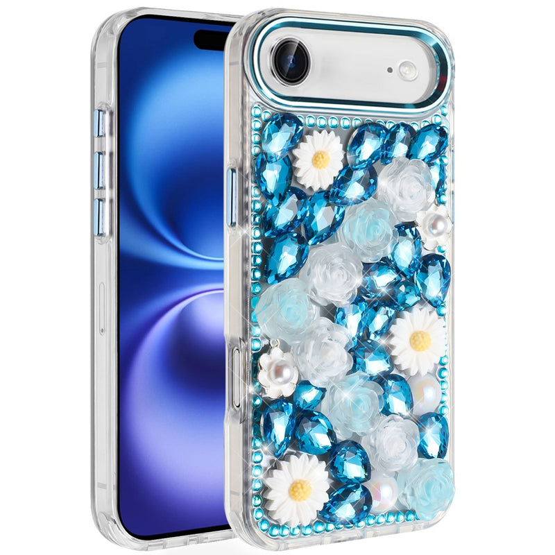 iPhone 17 Air Spectacular Full Bling Stones Glitter HQ Hybrid Floral Series - Blue