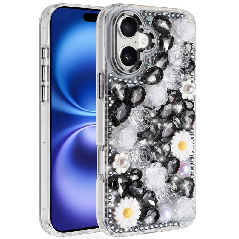 iPhone 17 Spectacular Full Bling Stones Glitter HQ Hybrid Floral Series - Black