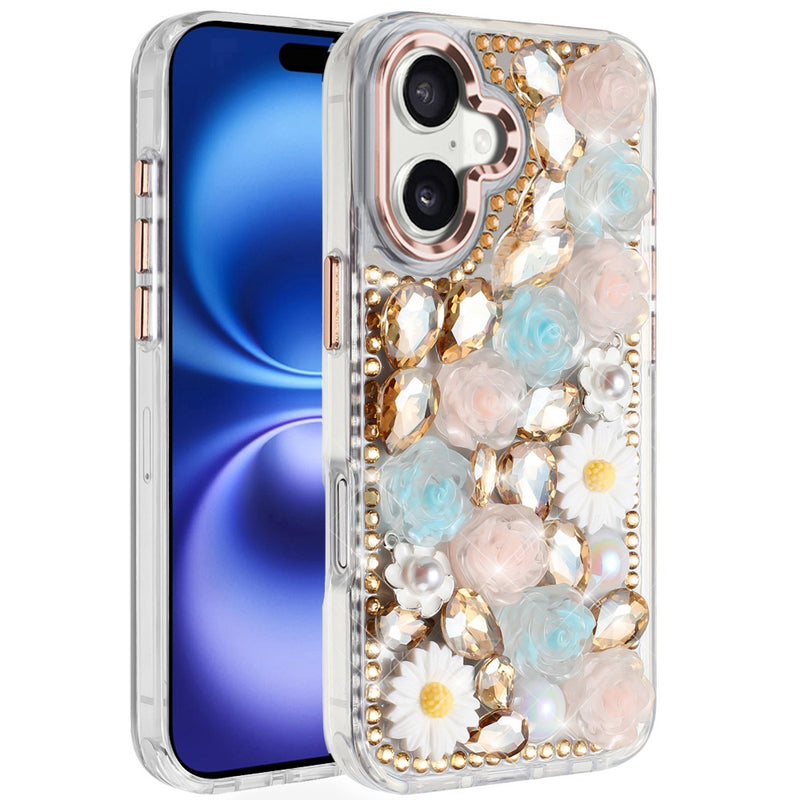 iPhone 17 Spectacular Full Bling Stones Glitter HQ Hybrid Floral Series - Gold