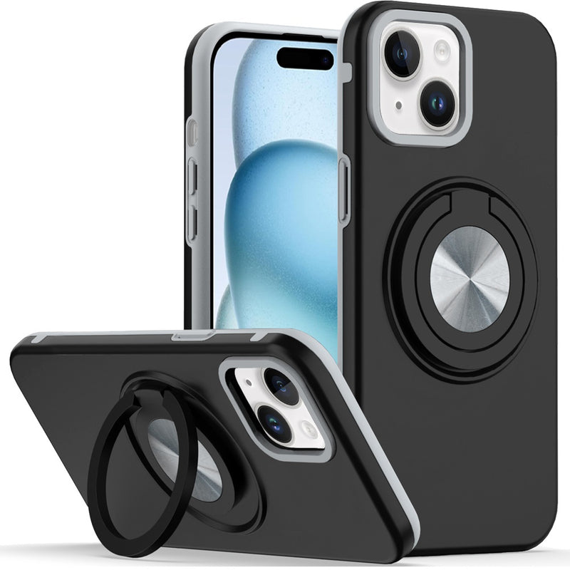 iPhone 15 6.1 Metal CD Pattern Matte Finished Hybrid with Rotational Ring [Car Mount Friendly] Case - Black