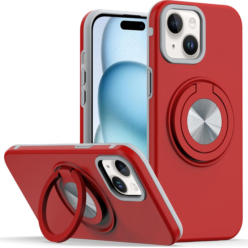 iPhone 15 6.1 Metal CD Pattern Matte Finished Hybrid with Rotational Ring [Car Mount Friendly] Case - Red