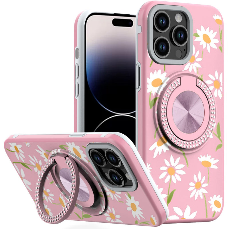 iPhone 14 PRO MAX 6.7" Metal Diamond CD Pattern Design Matte Finished Hybrid with Rotational Ring [Car Mount Friendly] Case - Floral A