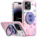 iPhone 14 PRO MAX 6.7" Metal Diamond CD Pattern Design Matte Finished Hybrid with Rotational Ring [Car Mount Friendly] Case - Floral C