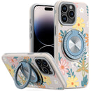 iPhone 14 PRO MAX 6.7" Metal Diamond CD Pattern Design Matte Finished Hybrid with Rotational Ring [Car Mount Friendly] Case - Floral E