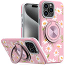 iPhone 15 Pro Max Metal Diamond CD Pattern Design Matte Finished Hybrid with Rotational Ring [Car Mount Friendly] Case - Floral A