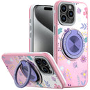 iPhone 15 Pro Max Metal Diamond CD Pattern Design Matte Finished Hybrid with Rotational Ring [Car Mount Friendly] Case - Floral C