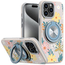 iPhone 15 Pro Max Metal Diamond CD Pattern Design Matte Finished Hybrid with Rotational Ring [Car Mount Friendly] Case - Floral E
