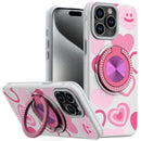 iPhone 15 Pro Max Metal Diamond CD Pattern Design Matte Finished Hybrid with Rotational Ring [Car Mount Friendly] Case - Hearts