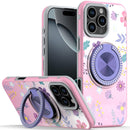 iPhone 16 Pro Max 6.9 inch Metal Diamond CD Pattern Design Matte Finished Hybrid with Rotational Ring [Car Mount Friendly] Case - Floral C