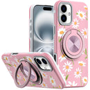 iPhone 16 Plus 6.7 inch Metal Diamond CD Pattern Design Matte Finished Hybrid with Rotational Ring [Car Mount Friendly] Case - Floral A